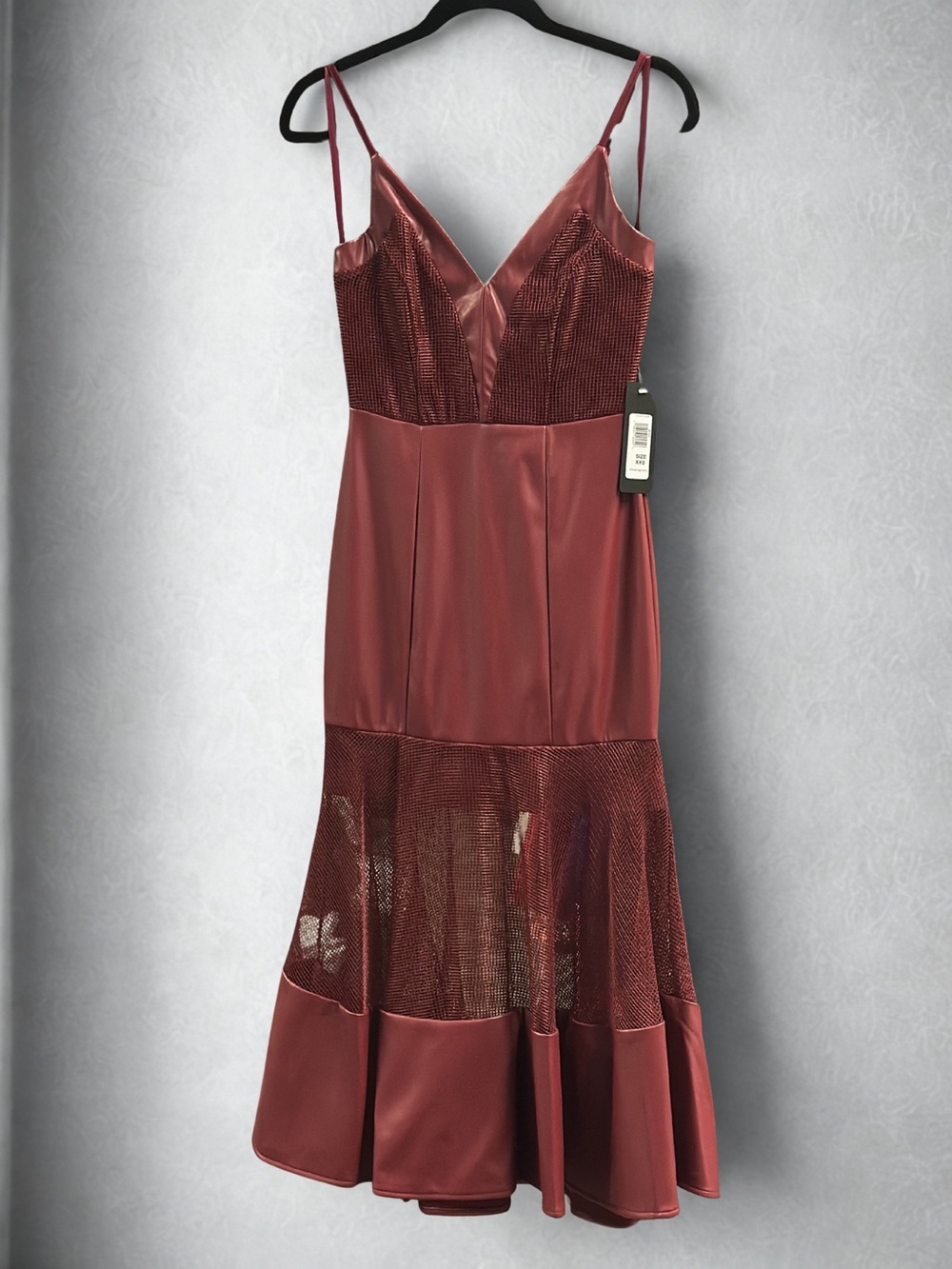 🔥Flash Sale🔥 bebe Women's Mesh and Faux Leather Flare Dress Wine Burgundy XXS NW